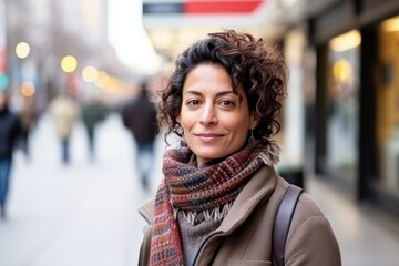 Canvas Print - Medium shot portrait photography of a serious Peruvian woman in her 40s wearing a cozy sweater against a white background