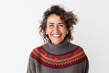 Canvas Print - Portrait photography of a cheerful Peruvian woman in her 50s wearing a cozy sweater against a white background