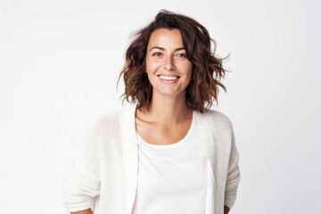 Poster - Group portrait photography of a French woman in her 30s against a white background