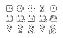 Time, Date, And Location Line Icon Set With Editable Stroke. Vector Illustration.