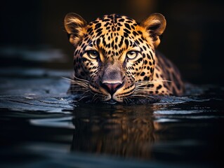 Wall Mural - close up portrait of a leopard in the water