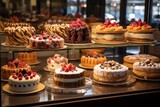 A variety of desserts displayed in a bakery, with cakes and pies frosted and filled on shelves. Generative AI