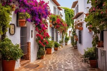 A charming alley in Marbella's historical district, featuring a quaint and scenic Spanish road. Generative AI