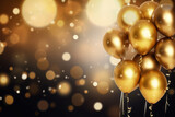 Fototapeta Tulipany - Festive luxury background with golden inflatable balloons confetti blurred background with bokeh effect