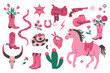 Trendy pink set of items in cowgirl style. Vector graphics.