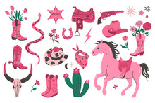 Trendy Pink Set Of Items In Cowgirl Style. Vector Graphics.