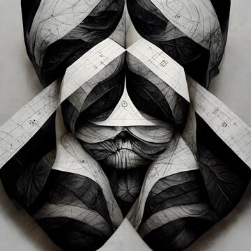 Surreal organic pattern with mechanism and eyes on black zones perspective straight lines with geometrical line figures Fibonacci render with equations following forms black and white vapor on white 