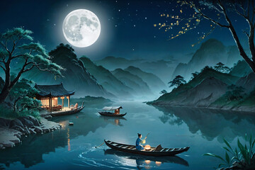 chinese painting style - mid-autumn festival night