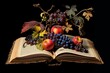 Vibrant tainted fruit carries dark enchantment inside an old book, featuring magical, historical, animated, sequential art. Generative AI