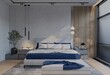 Modern Luxury Bedroom with Ocean Blue Color. 3D Illustration Render