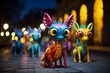 Colorful alebrijes animals roam through a city at night. Generative AI