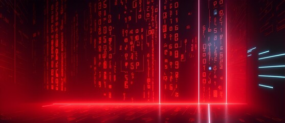 Poster - Abstract technological background with binary code and holographic elements illuminated by red lights from Generative AI
