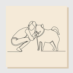 Wall Mural - Continuous single one line drawing of happy young woman playing with dog pet. Vector illustration