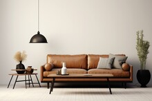 3D-rendered living room with brown sofa and black accessories on white background. Generative AI