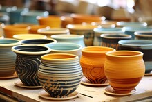 Various Colorful Ceramic Bowls And Pots, Craft Concept. Generative AI