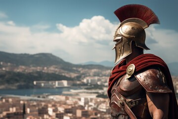 Sticker - Roman soldier with armor and helmet, city in the background. Generative AI