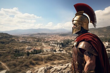 Wall Mural - Roman soldier with armor and helmet, city in the background. Generative AI