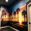 The walls are painted with a 169 sunset mural with dark palm trees 