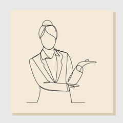 Wall Mural - Continuous single one line drawing of business woman showing for something presentation. Vector illustration