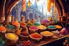 Colorful Market With Various Spices And Tea Herb Illustration. Generative AI