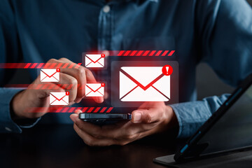 Poster - Alert Email inbox and spam virus with warning caution for notification on internet letter security protect, junk and trash mail and compromised information.