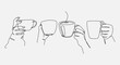 set of drawing of hands holding coffee in continuous one line drawing style. drink in a cup. vector illustration