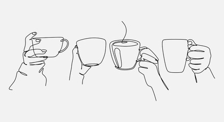 Wall Mural - set of drawing of hands holding coffee in continuous one line drawing style. drink in a cup. vector illustration