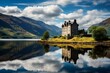 Historic Scottish castle reflected in Loch. Close to Glasgow and Glencoe, famous for whiskey distilleries and rugged mountains. Generative AI