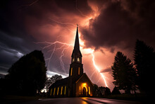 Lightning Striking Near Church In The Night