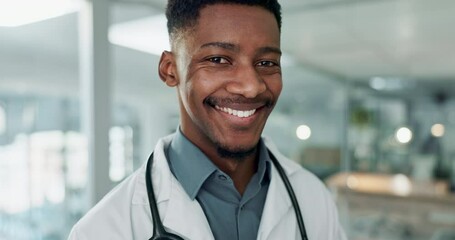 Poster - Hospital, doctor and face of African man for medical service, insurance and clinic care. Healthcare, consulting and portrait of health worker with stethoscope for cardiology, medicine and support