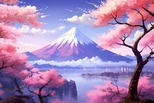 Scenic Japanese anime wallpaper showcasing lovely pink cherry trees and Mt. Fuji. Generative AI