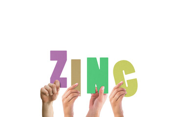 Leinwandbilder - Digital png illustration of hands and zinc text on transparent background