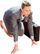 Digital png photo of caucasian businesswoman kneeling with suitcase on transparent background