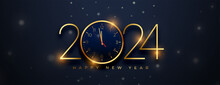 Happy New Year 2024 Greeting Banner With Golden Clock Design