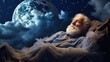 older man sleep at night on cloud, relax concept lullaby 