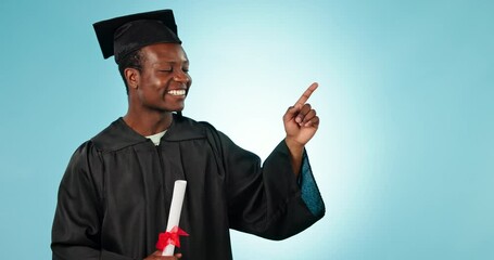 Poster - Graduation diploma, education and black man point at university graduate info, college news or school study. Achievement, learning portrait or happy student gesture at mockup space on blue background