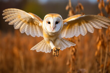 Majestic Barn Owl Takes Flight, Its Wings Spread Wide Open In A Graceful Display Of Power And Elegance, Symbol Of Freedom And Independence,  Gaze And Poised Stance Exude An Air