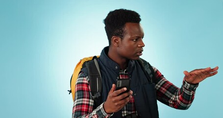 Poster - hiking, phone gps and black man lost, stress and frustrated with navigation problem, compass app fai