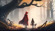 Little red riding hood walking through the forest with the big bad wolf behind a tree magnificent hyper detailed high contrast cinematic lighting advanced professional volumetric glow cosmic 