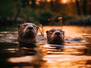 Poster - Two otters are swimming in the water. Generative AI.