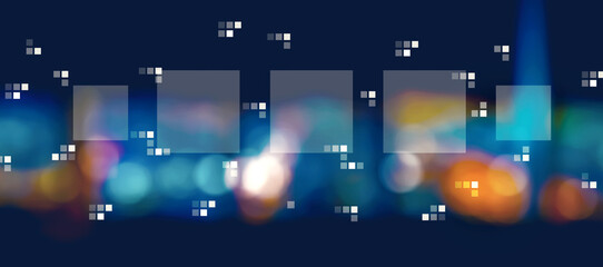 Digital square boxes with blurred city lights at night