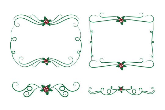 
Christmas Flourishes Swirls dividers lines Decorative Elements, Vintage Calligraphy Scroll Merry Christmas blue and red holly ornaments, Winter Holly headers lettering border page decor green Ornate 