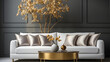 Cozy white sofa and golden coffee table. Interior design of modern luxury living room