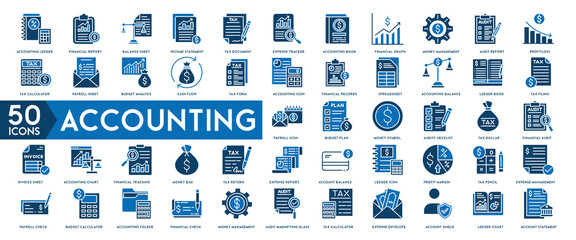 Accounting icon set. Containing financial statement, accountant, financial audit, invoice, tax calculator, business firm, tax return, income and balance sheet icons.