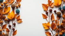 Autumn flat lay background on white backgrounds with leaves, frame leaflet style, copy space