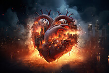 Illustration Of Heart Made Of Fiery Lava On Industrial City Background. Eco Concept
