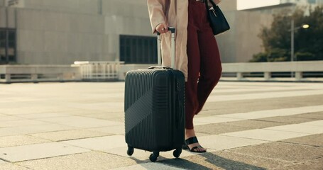 Canvas Print - Feet, woman and walking with luggage for business outdoor on ground of rooftop, building or city for trip. Professional, person and legs with suitcase and steps to commute for career journey or work