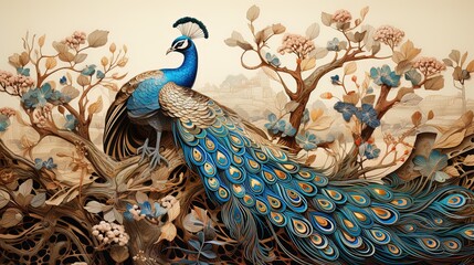 Wall Mural - 3D wall mural featuring a blue peacock and trees branch
