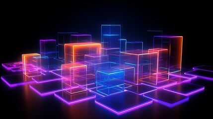 Poster - vibrant 3D rendered abstract glass shapes on black background - neon lights, futuristic technology design