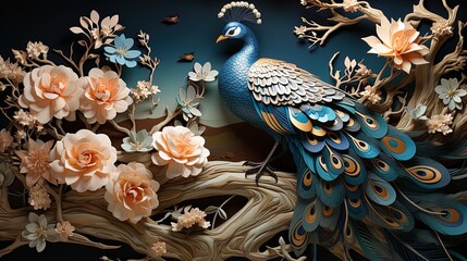 Wall Mural - Elegant leather base combines bright color floral with exotic oriental pattern flowers and peacocks illustration background. 3d abstraction wallpaper for interior mural wall art decor.
